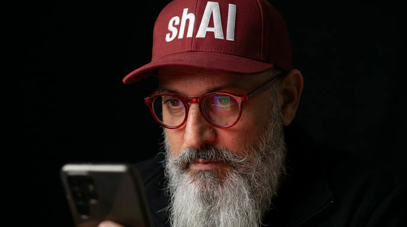 Shai Agiv reviewing an ad on a phone, red glasses