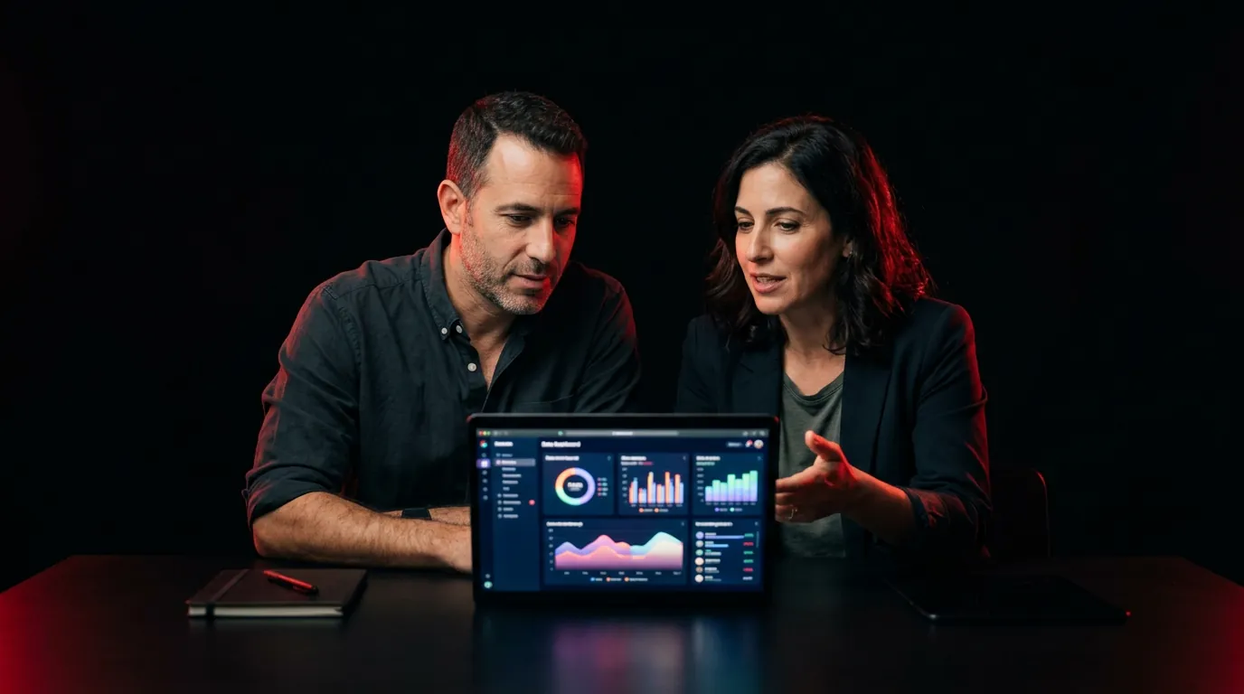 A business owner and a marketing manager in front of an ads dashboard