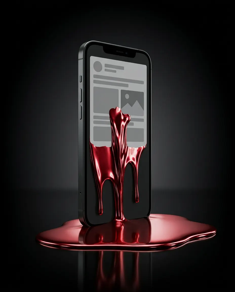 A phone with an ad bleeding metallic red into a puddle