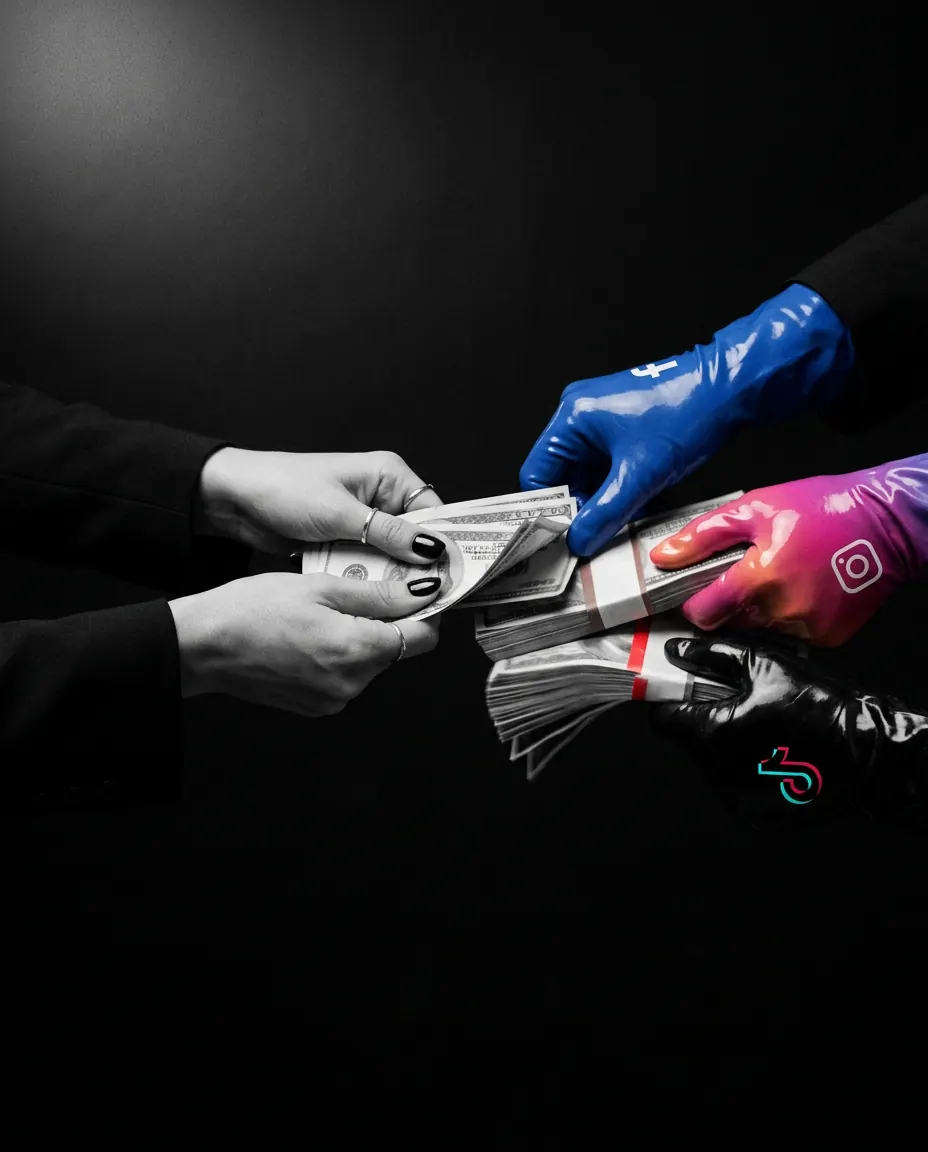 Gloved hands in social media colors taking cash from a marketing manager