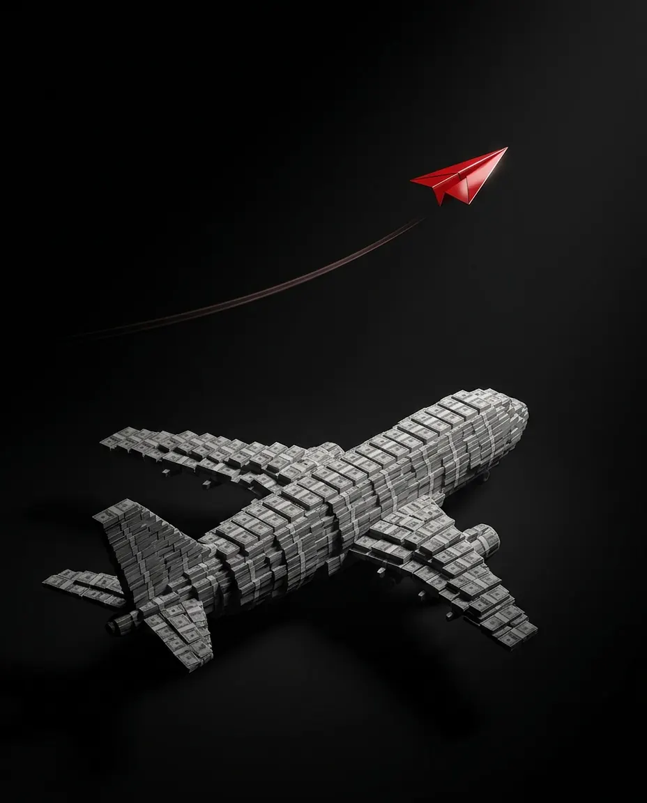 A red paper plane flying past a heavy plane built from stacks of cash