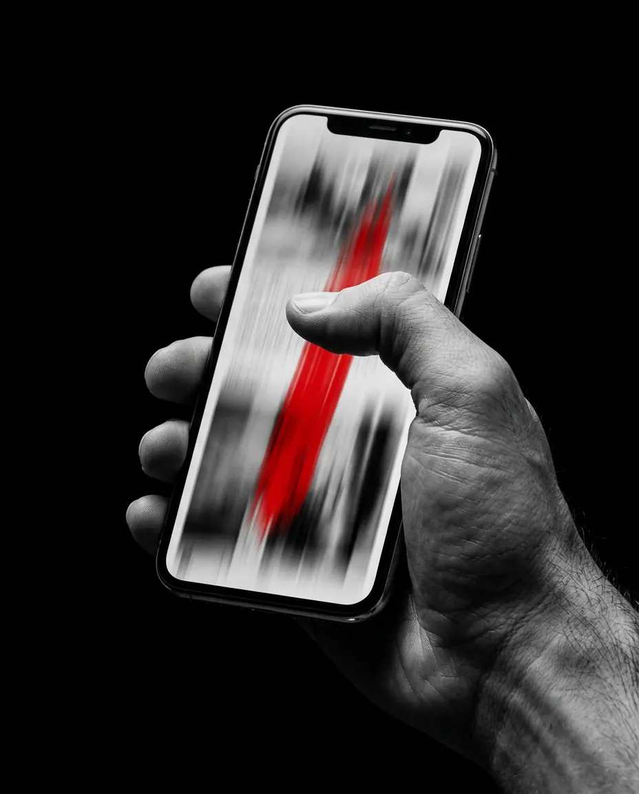 A hand scrolling a phone so fast the feed blurs, red ad included