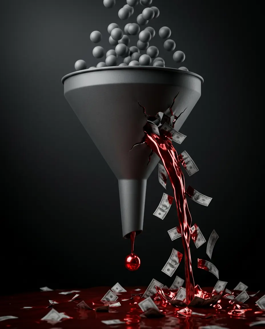 A cracked funnel leaking cash and red liquid