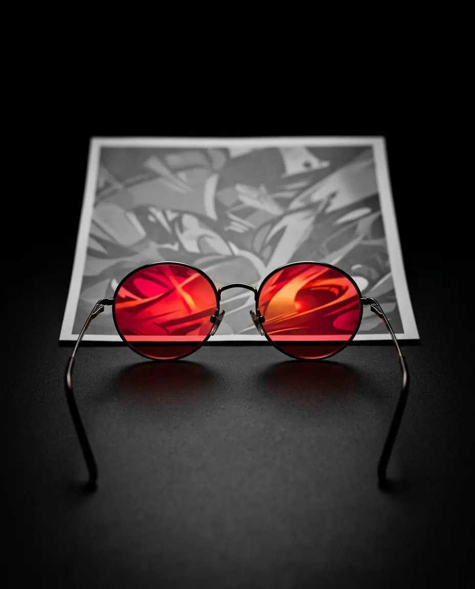 Red glasses over a gray, generic ad