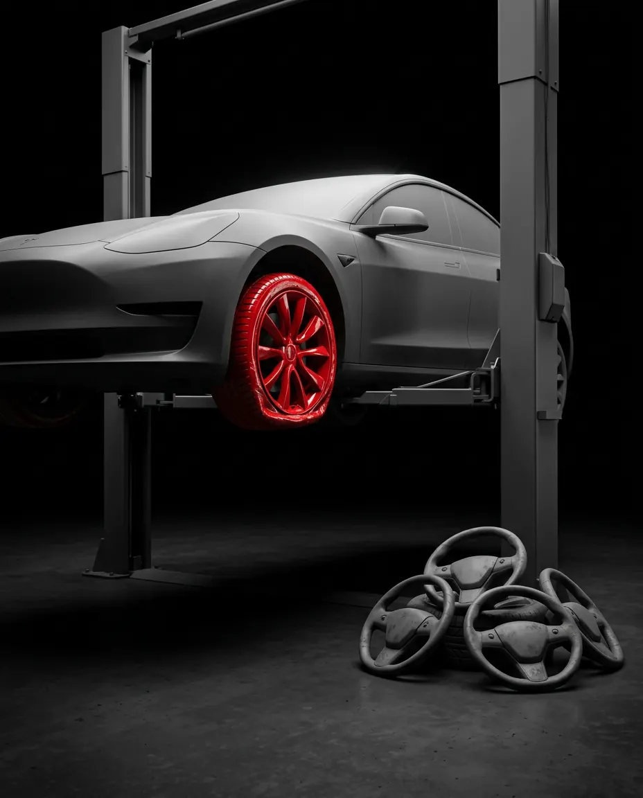 A car on a lift, a pile of replaced parts, and the red flat tire still there