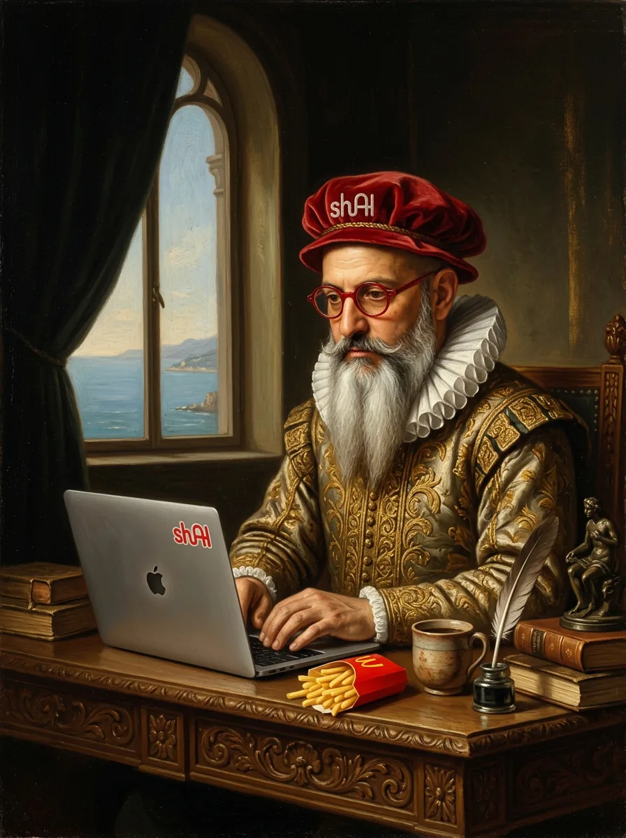 Shai Agiv as an oil-painted Renaissance portrait in a red shAI cap, working on a MacBook